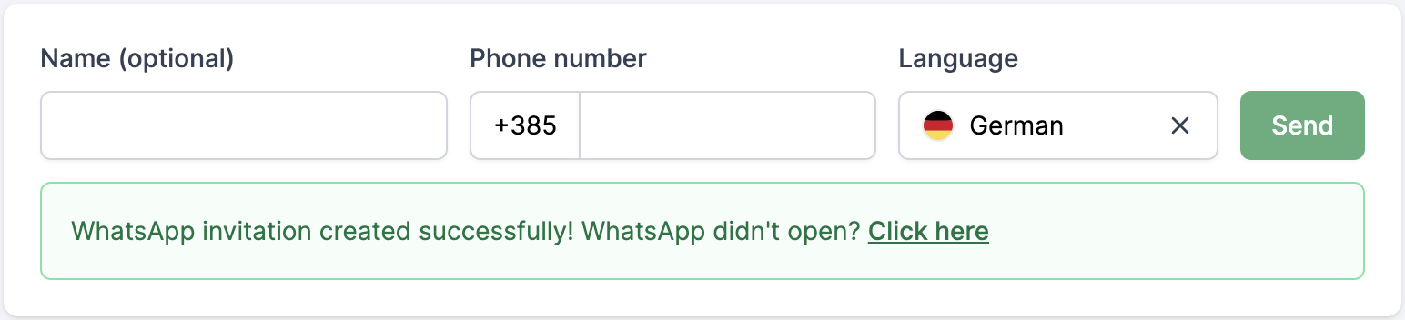 Panel for sending invitations using WhatsApp when it successfully created an invitation