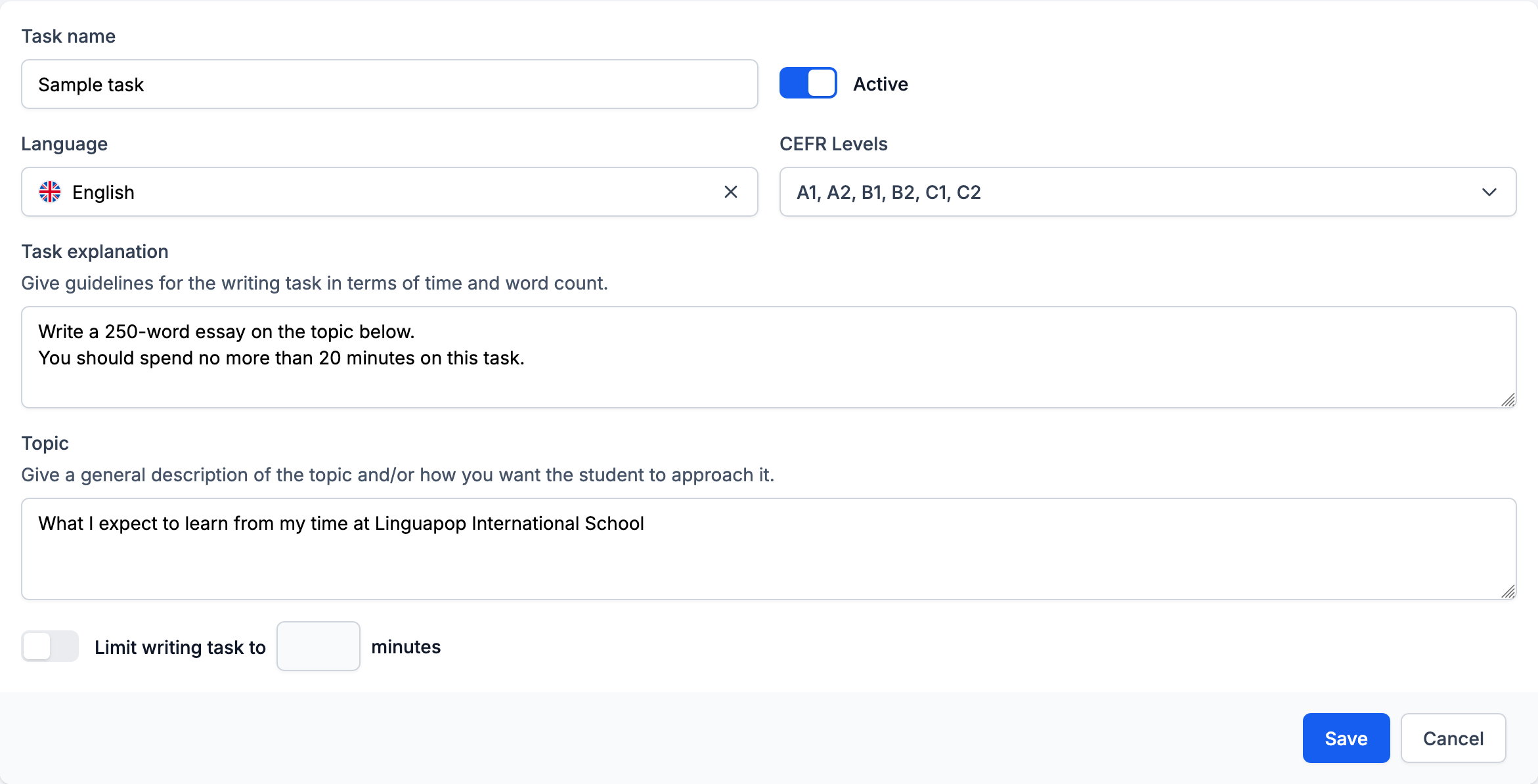 Screen for creating and updating writing tasks